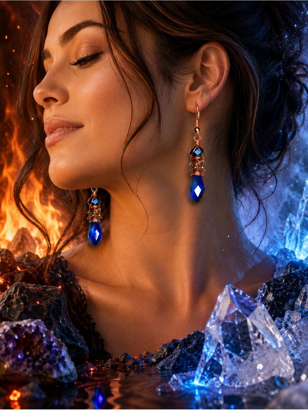 Blue Austrian Crystal Hammered Copper Chaos Wrapped Earrings Artisan Designed - Picture 17 of 17
